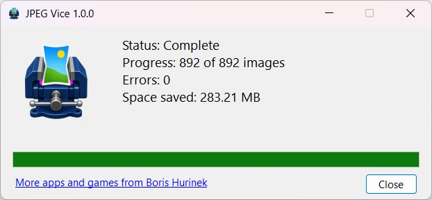 JPEG Vice progress window after processing 892 images