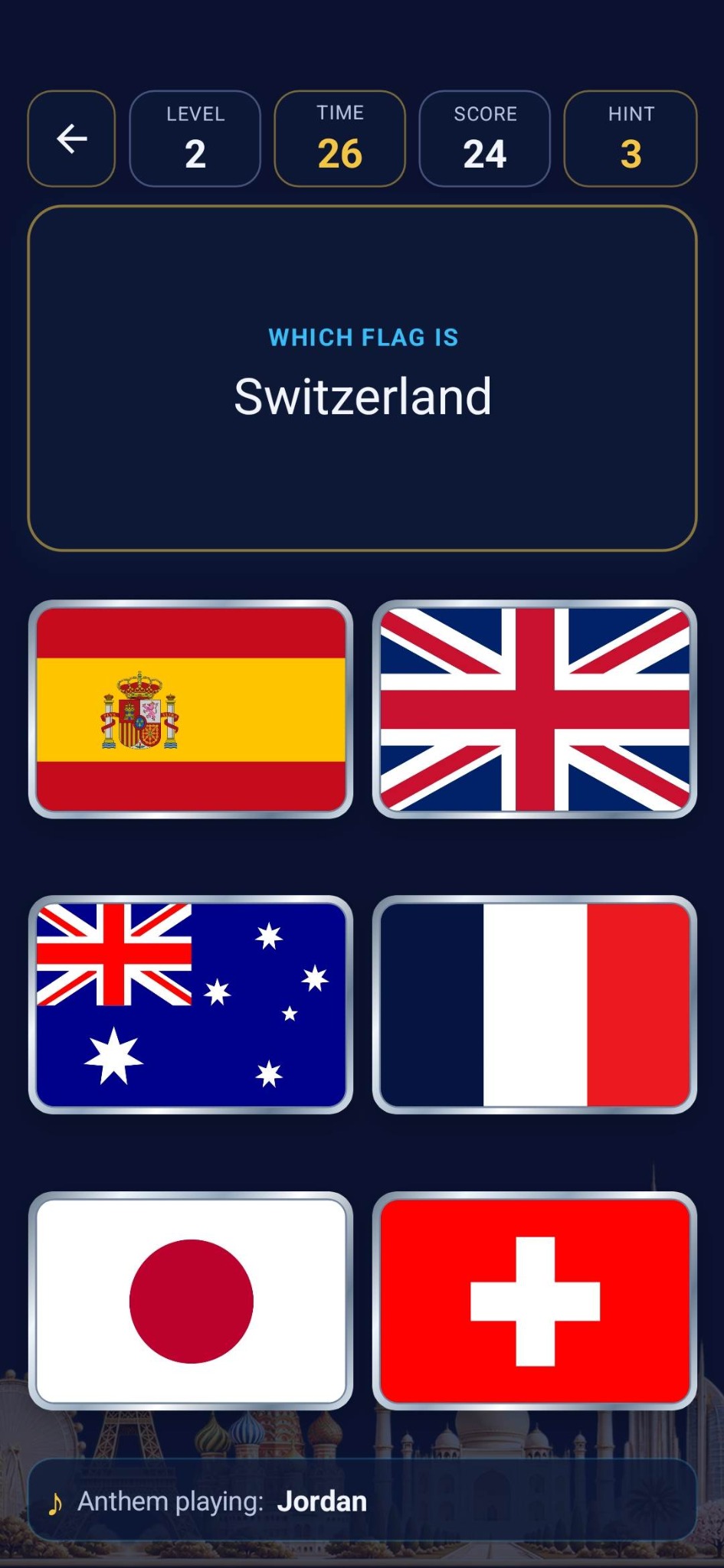 National Flags quiz asking for the flag of Switzerland
